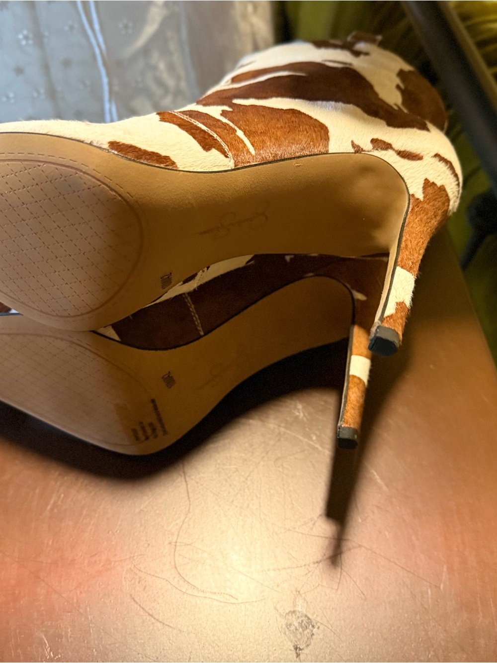 Women's Cowhide Pointed Toe Stiletto Booties - Brown & White - Picture 3 of 3